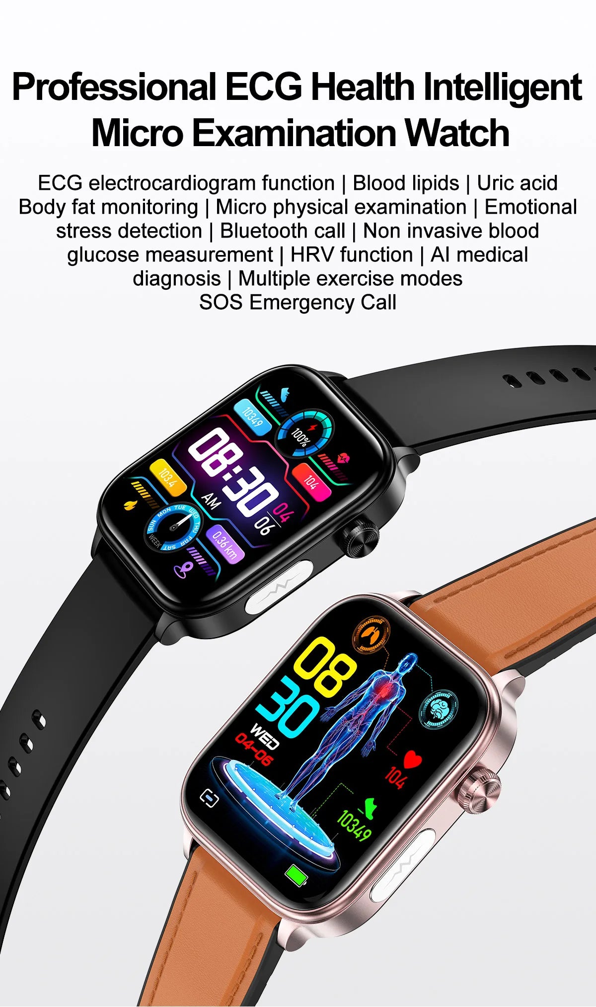 2024New AI Medical Diagnosis Blood Lipids Uric Acid Blood Glucose Smart Watch Men ECG+PPG Voice Bluetooth Call Health Smartwatch