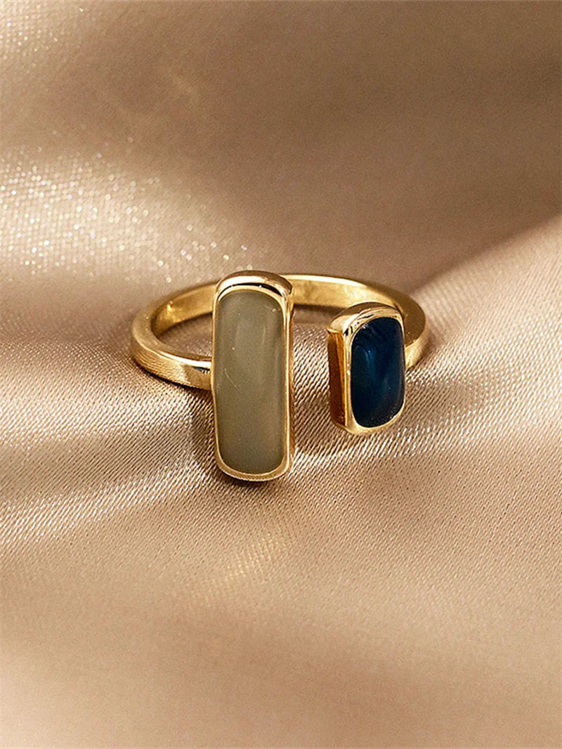 New Square Blue Oil Dripping Rings Light Luxury French Retro Simple Opening Ring 2024 Fashion Temperament Women's Jewelry