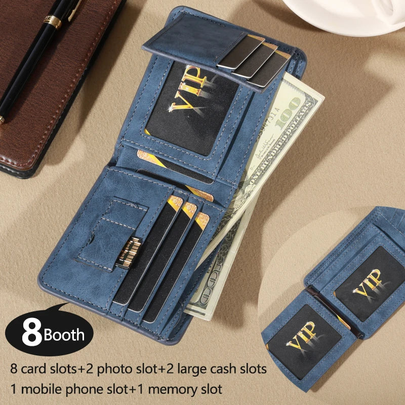 Vintage Matte Leather Men's Wallet - Coffee Tri-fold with Multi-Card Slots, Money Clip, and Eyelet Detail