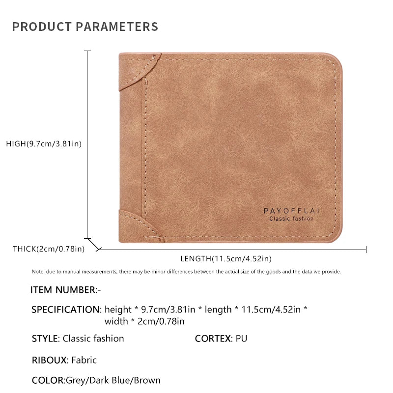 Vintage Matte Leather Men's Wallet - Coffee Tri-fold with Multi-Card Slots, Money Clip, and Eyelet Detail