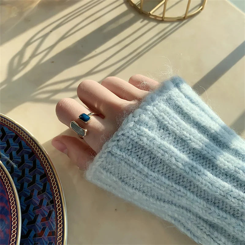 New Square Blue Oil Dripping Rings Light Luxury French Retro Simple Opening Ring 2024 Fashion Temperament Women's Jewelry