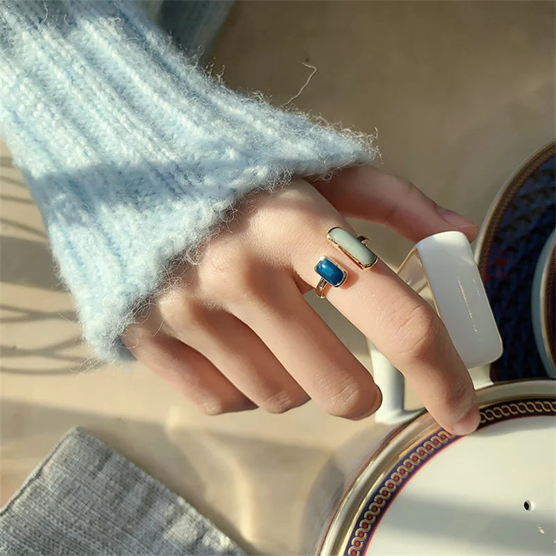 New Square Blue Oil Dripping Rings Light Luxury French Retro Simple Opening Ring 2024 Fashion Temperament Women's Jewelry