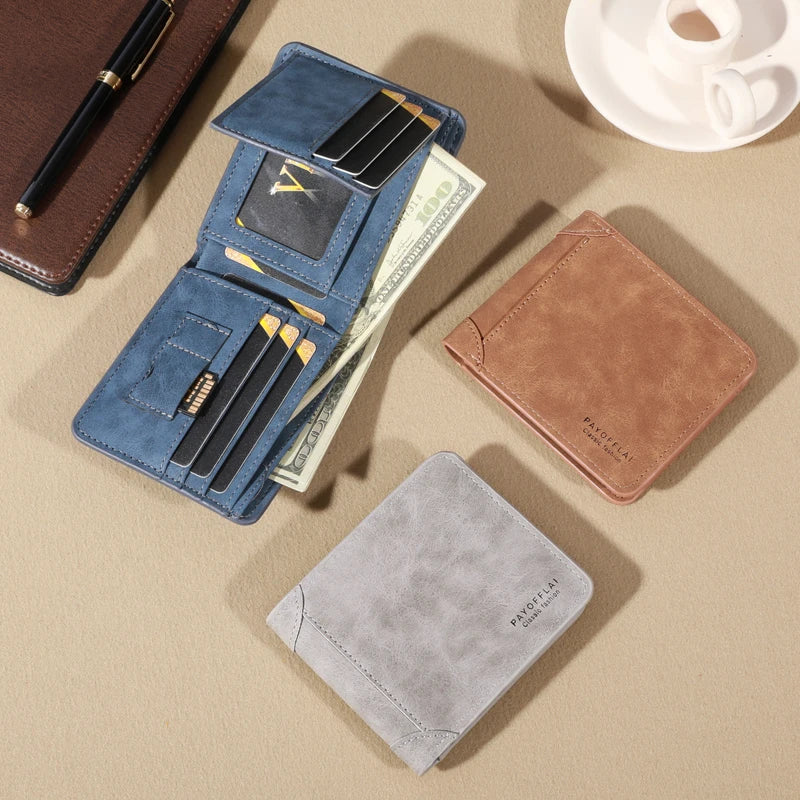 Vintage Matte Leather Men's Wallet - Coffee Tri-fold with Multi-Card Slots, Money Clip, and Eyelet Detail
