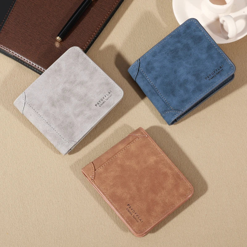 Vintage Matte Leather Men's Wallet - Coffee Tri-fold with Multi-Card Slots, Money Clip, and Eyelet Detail