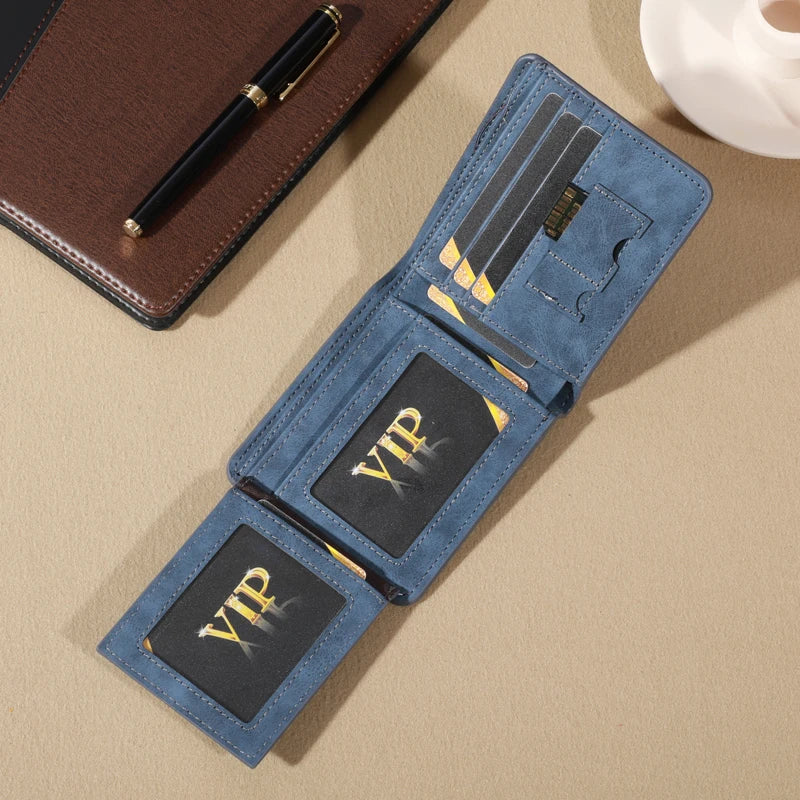 Vintage Matte Leather Men's Wallet - Coffee Tri-fold with Multi-Card Slots, Money Clip, and Eyelet Detail