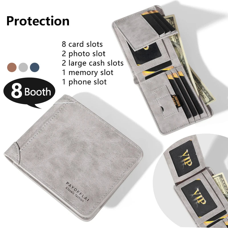 Vintage Matte Leather Men's Wallet - Coffee Tri-fold with Multi-Card Slots, Money Clip, and Eyelet Detail